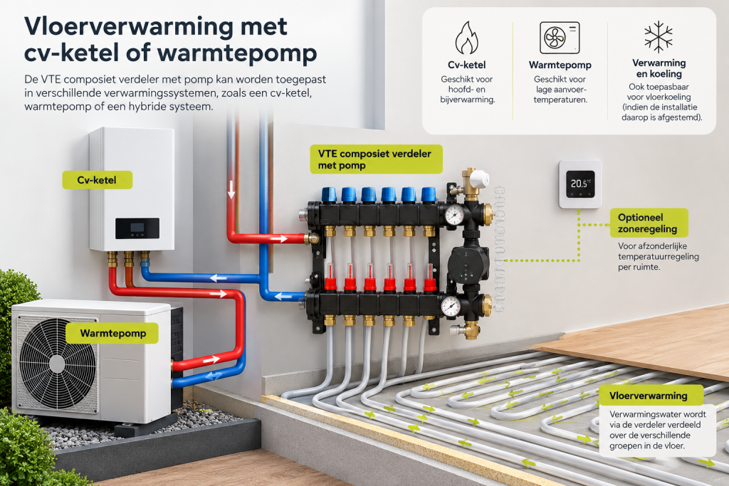 VTE composiet vloerverwarming verdeler met pomp aangesloten op cv-ketel, warmtepomp en vloerverwarming.
