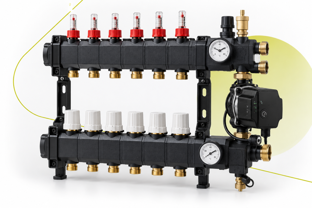 VTE composiet vloerverwarming verdeler met Grundfos-pomp voor installatie van vloerverwarming.