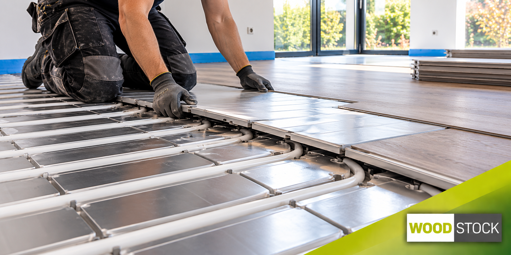 Droogbouw vloerverwarming met leidingen in warmteverdelende platen zonder natte dekvloer.