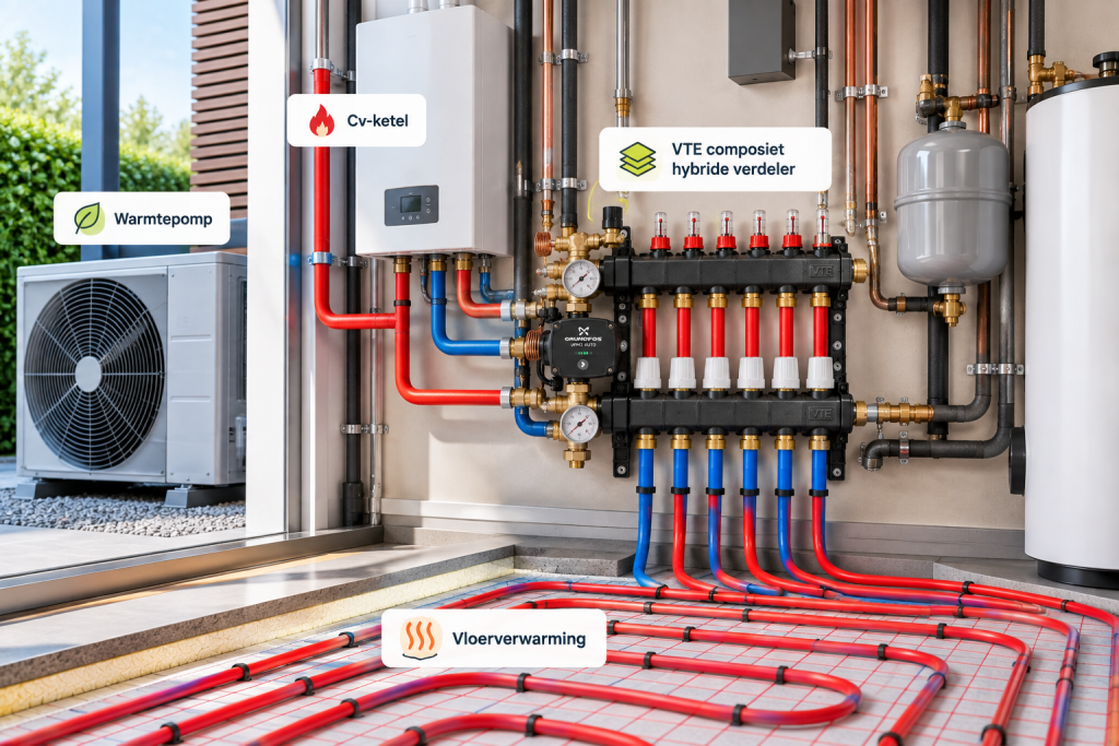 VTE composiet hybride verdeler met warmtepomp, cv-ketel en vloerverwarming.