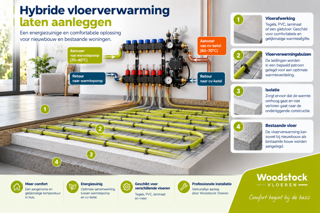 Infographic van Woodstock Vloeren over het aanleggen van hybride vloerverwarming, met een hybride verdeler, vloerverwarmingsbuizen en isolatie in een vloeropbouw.