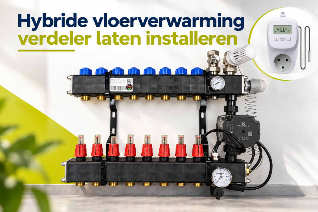 Hybride vloerverwarming verdeler met circulatiepomp, thermostaat en meerdere verwarmingsgroepen, voor installatie door Woodstock Vloeren.