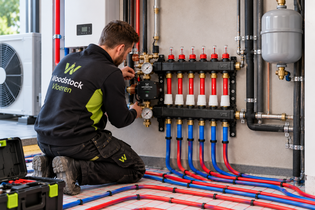 Installatie van een VTE composiet hybride verdeler door Woodstock Vloeren met aangesloten vloerverwarmingsgroepen.