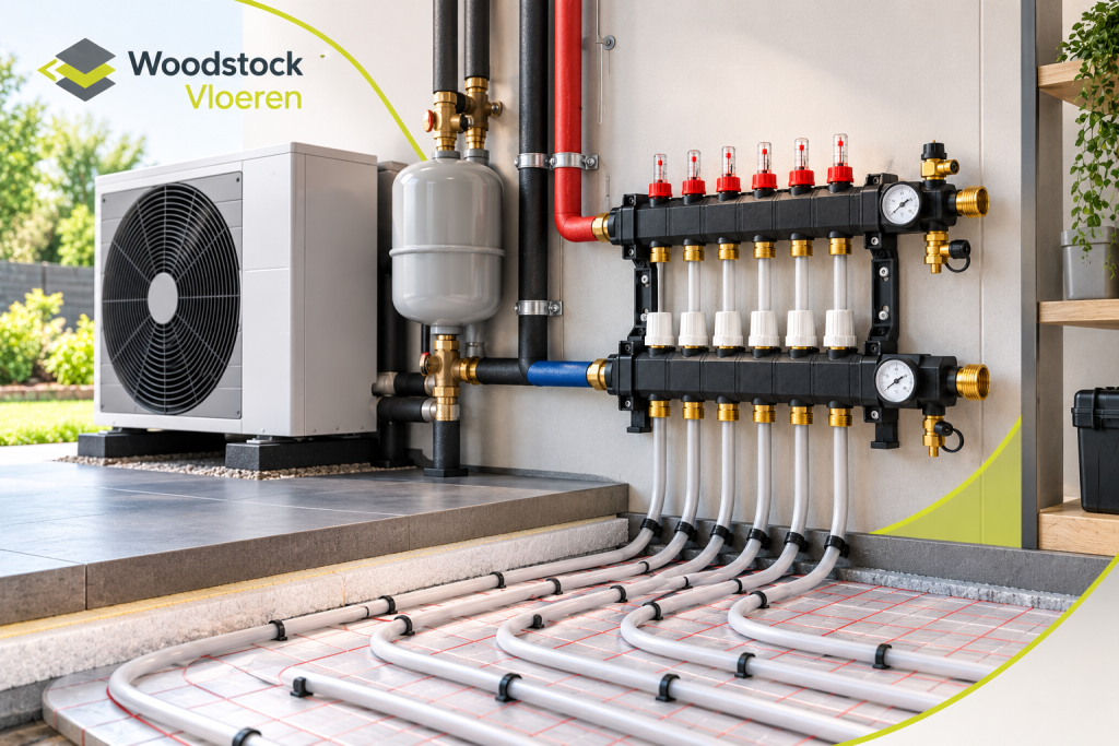 Open vloerverwarming verdeler aangesloten op een warmtepomp en lagetemperatuur vloerverwarming van Woodstock Vloeren.
