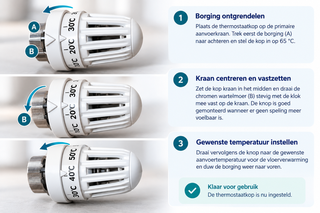 Stapsgewijze infographic voor het monteren en instellen van een thermostaatknop op een vloerverwarmingsverdeler, met borging, wartelmoer en temperatuurinstelling.
