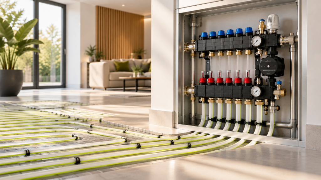 Vloerverwarming verdeler in een technische kast met aangesloten leidingen en vloerverwarmingsbuizen in een moderne woning.