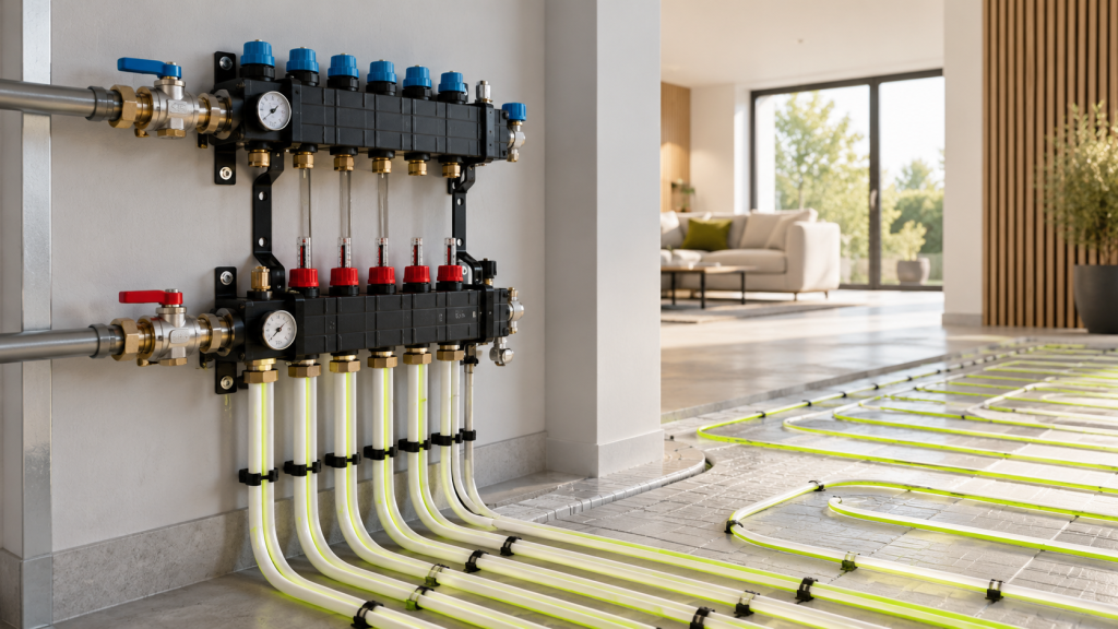 Vloerverwarming verdeler aan de muur met aangesloten leidingen en vloerverwarmingsbuizen in een moderne woning.