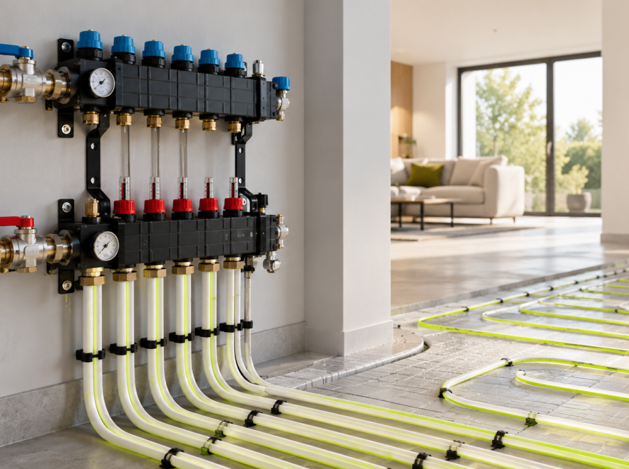Vloerverwarming verdeler aan de muur met aangesloten leidingen en vloerverwarmingsbuizen in een moderne woning.
