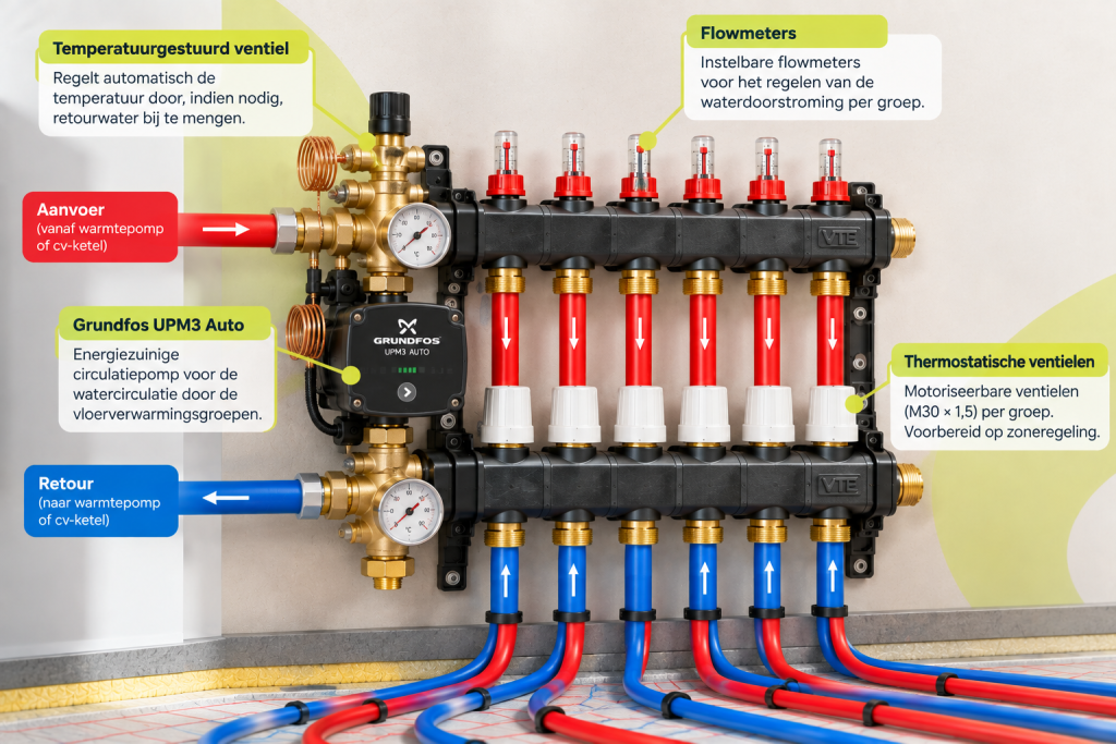 Onderdelen van een VTE composiet hybride verdeler met Grundfos pomp, flowmeters en temperatuurgestuurd ventiel.