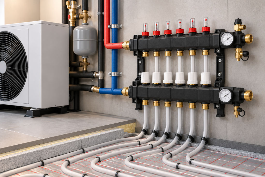 VTE composiet open verdeler aangesloten op een warmtepomp en vloerverwarming.