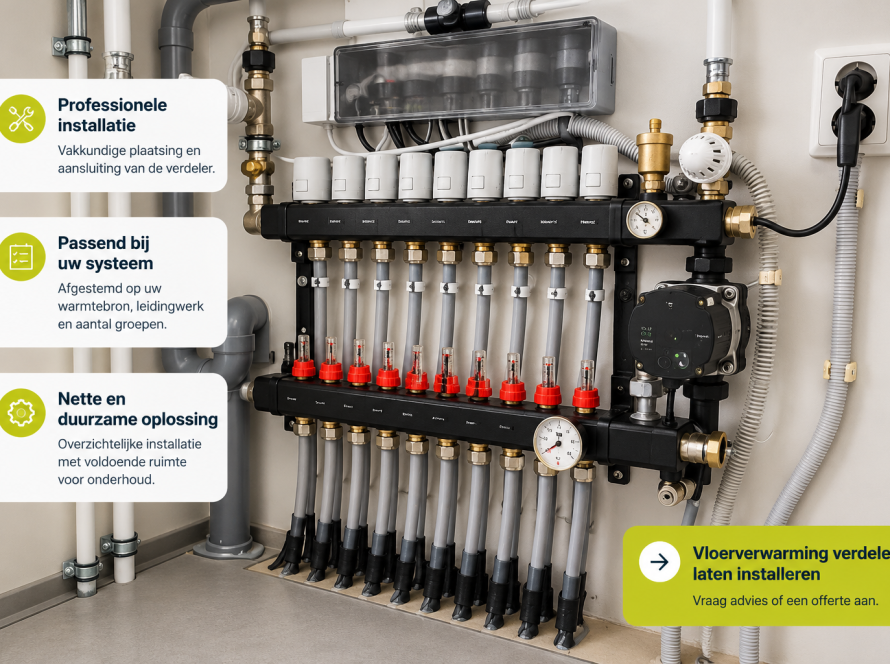 VTE composiet vloerverwarming verdeler met pomp, professioneel geïnstalleerd met aangesloten vloerverwarmingsgroepen.