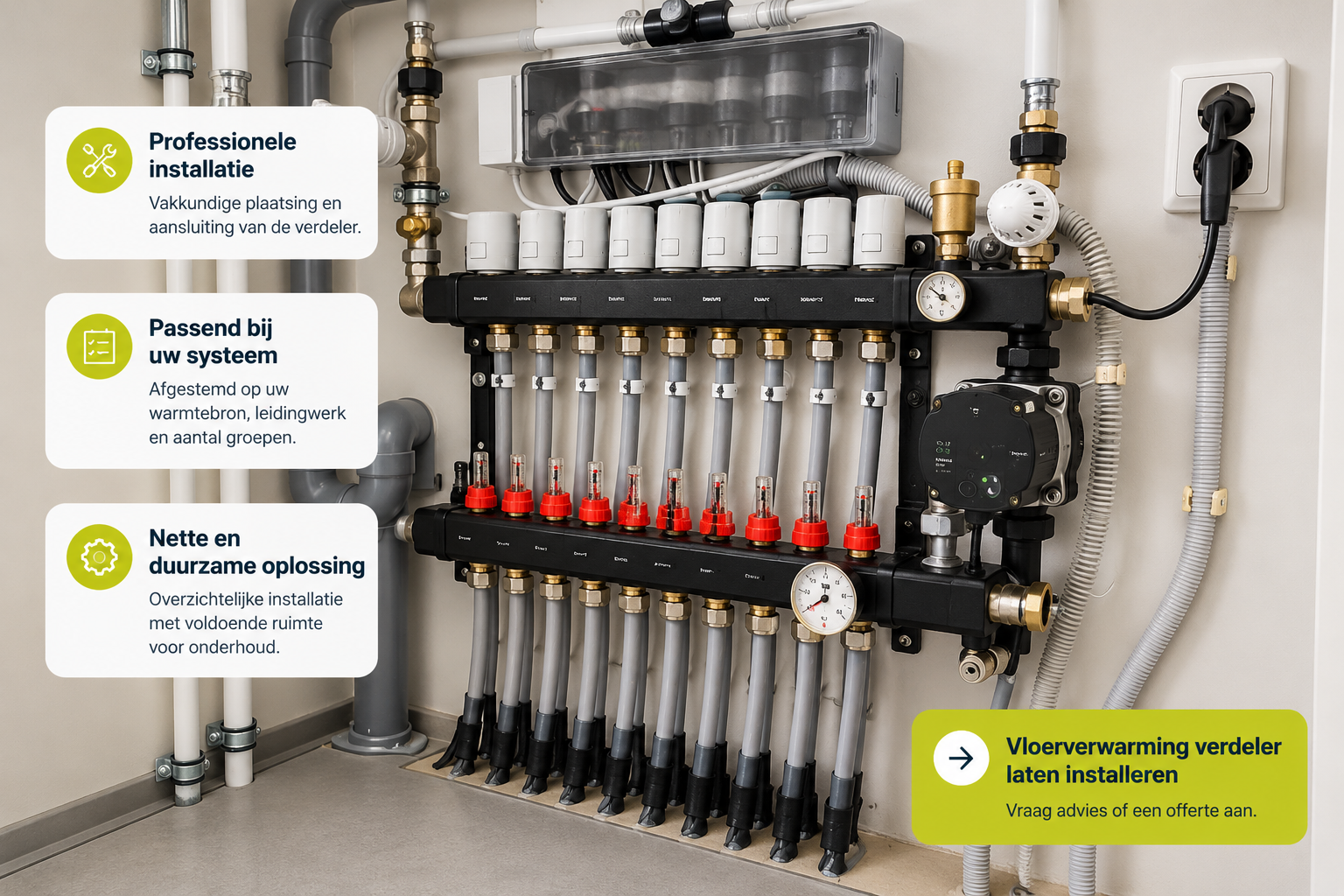 VTE composiet vloerverwarming verdeler met pomp, professioneel geïnstalleerd met aangesloten vloerverwarmingsgroepen.