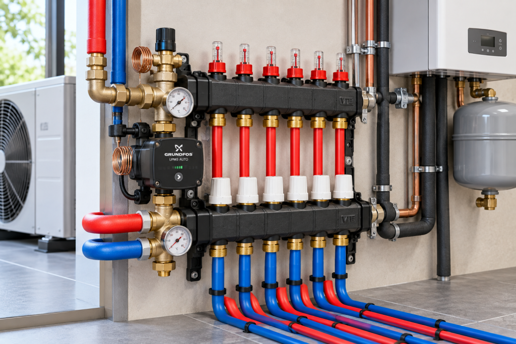 Installatie van een VTE hybride vloerverwarming verdeler met circulatiepomp door Woodstock Vloeren.