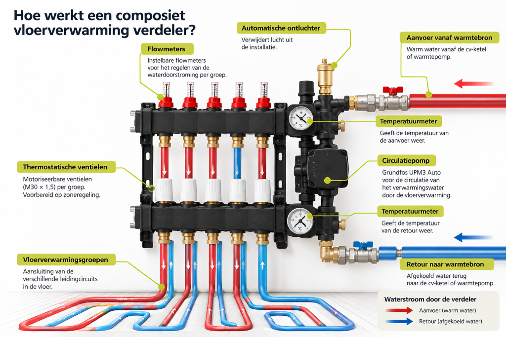Werking van een VTE composiet vloerverwarming verdeler met Grundfos-pomp en watercirculatie door de vloerverwarmingsgroepen.