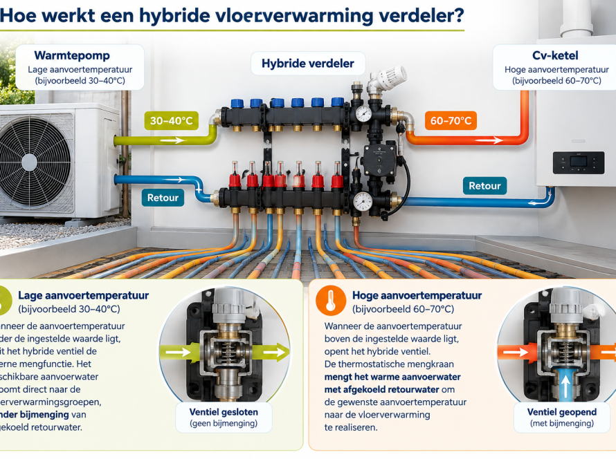Infographic van Woodstock Vloeren over de werking van een hybride vloerverwarming verdeler bij lage en hoge aanvoertemperaturen van een warmtepomp en cv-ketel.