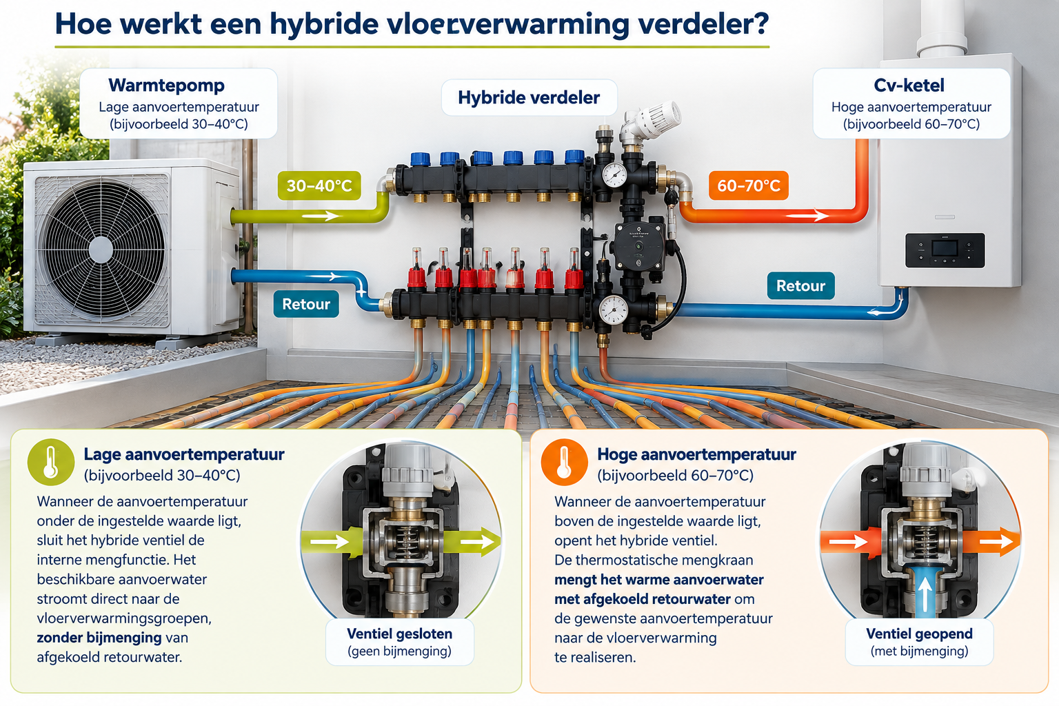 Infographic van Woodstock Vloeren over de werking van een hybride vloerverwarming verdeler bij lage en hoge aanvoertemperaturen van een warmtepomp en cv-ketel.