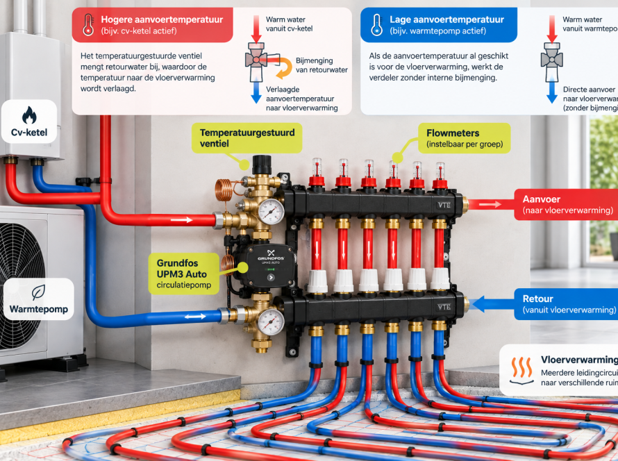 Werking van een VTE composiet hybride verdeler met temperatuurregeling, Grundfos pomp en vloerverwarming.