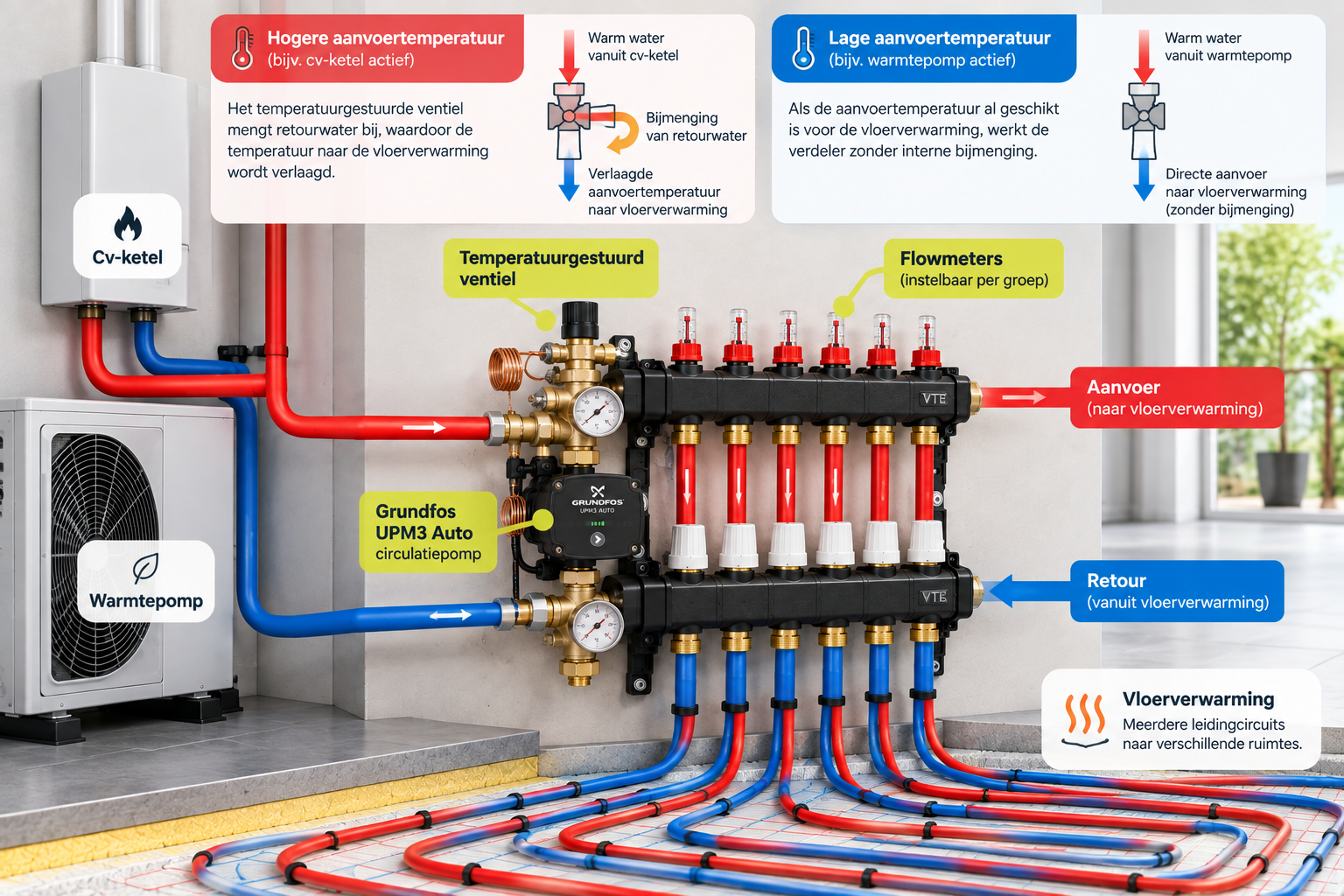Werking van een VTE composiet hybride verdeler met temperatuurregeling, Grundfos pomp en vloerverwarming.