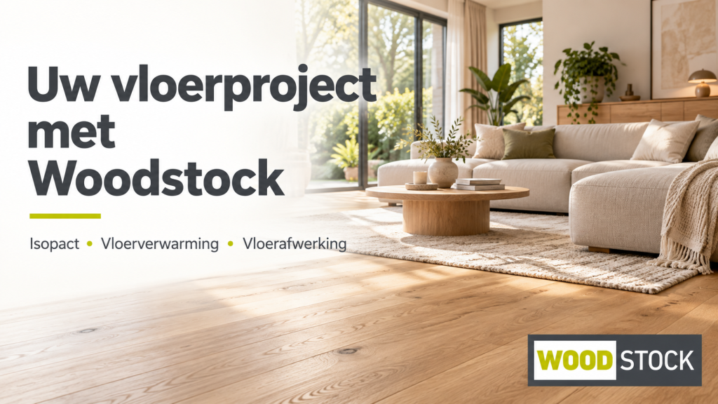 Banner van Woodstock met een lichte woonkamer en de tekst Uw vloerproject met Woodstock: Isopact, vloerverwarming en vloerafwerking.