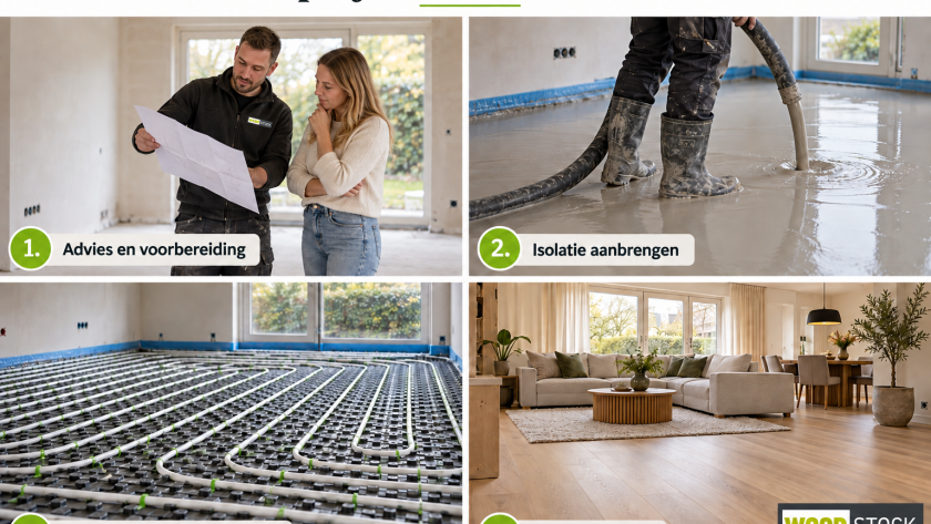 Vier stappen van een vloerproject met Woodstock Vloeren: advies, isolatie aanbrengen, vloerverwarming aanleggen en vloerafwerking.