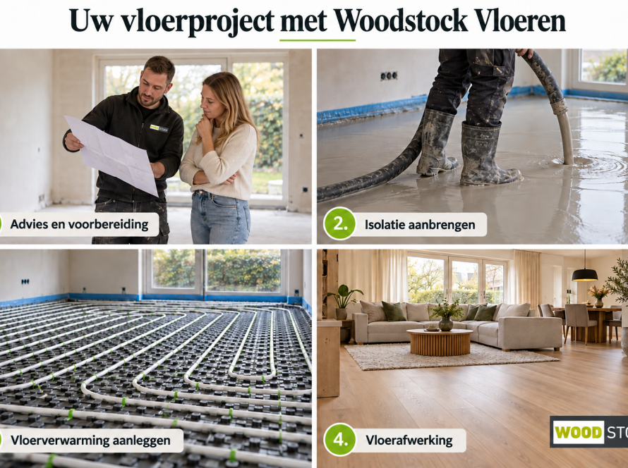 Vier stappen van een vloerproject met Woodstock Vloeren: advies, isolatie aanbrengen, vloerverwarming aanleggen en vloerafwerking.