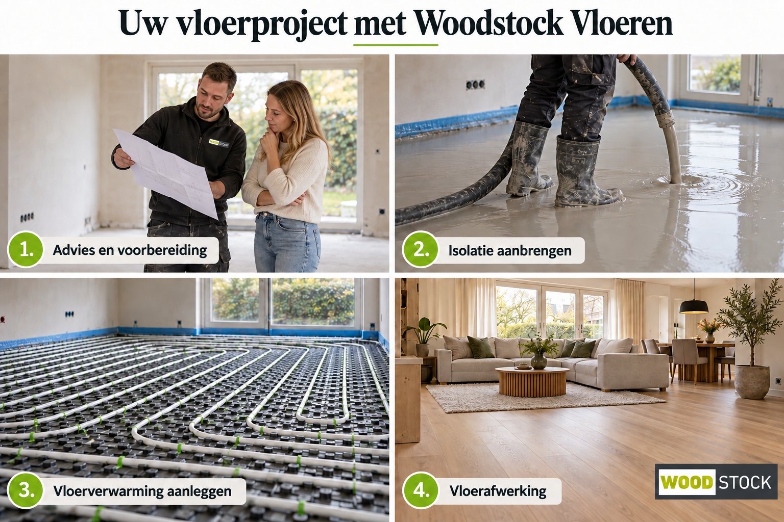 Vier stappen van een vloerproject met Woodstock Vloeren: advies, isolatie aanbrengen, vloerverwarming aanleggen en vloerafwerking.